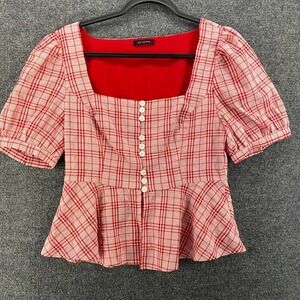 en saison Blouse Top Womens M Red Square Neck Puff Sleeve Babydoll Pinup Couture